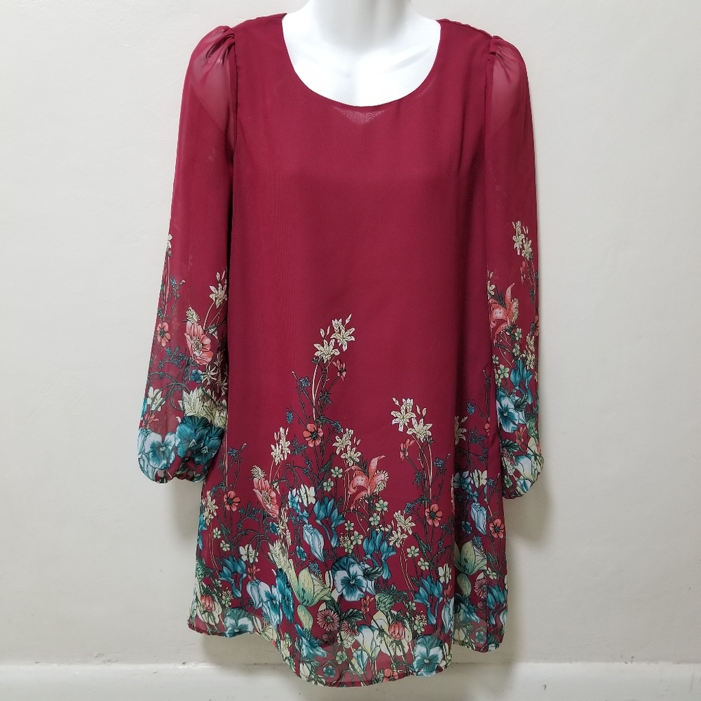 Dress Women Chiffon Floral Shift Long Sleeves Lined Burgundy Tunic Puff Shoulder